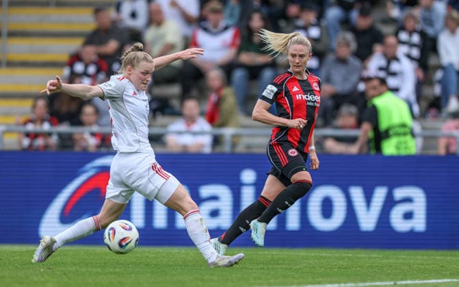 GER, Frankfurt, Eintracht Frankfurt vs FC Nürnberg, Google Pixel Bundesliga, Fussball, DFB, Spielzeit 2025 2026, Stadion am Brentanobad, 24. Spieltag im Bild v.l.: Franziska Mai (1. FC Nürnberg Frauen 18), Rebecka Blomqvist (Eintracht Frankfurt Frauen 28) DFB DFL REGULATIONS PROHIBIT ANY USE OF PHOTOGRAPHS AS IMAGE SEQUENCES AND OR QUASI-VIDEO, 04.05.2026 Copyright: HMBxMedia HendrikxHamelau
