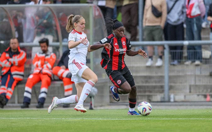 GER, Frankfurt, Eintracht Frankfurt vs FC Nürnberg, Google Pixel Bundesliga, Fussball, DFB, Spielzeit 2025 2026, Stadion am Brentanobad, 24. Spieltag im Bild v.l.: Beatrix Fördös (1. FC Nürnberg Frauen 27), Nicole Anyomi (Eintracht Frankfurt Frauen 19) DFB DFL REGULATIONS PROHIBIT ANY USE OF PHOTOGRAPHS AS IMAGE SEQUENCES AND OR QUASI-VIDEO, 04.05.2026 Copyright: HMBxMedia HendrikxHamelau