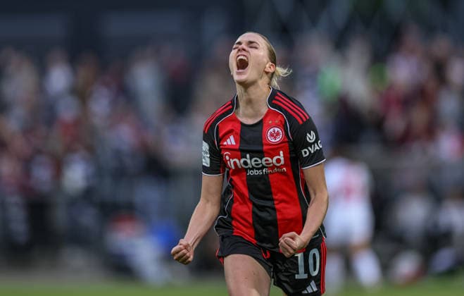 GER, Frankfurt, Eintracht Frankfurt vs FC Nürnberg, Google Pixel Bundesliga, Fussball, DFB, Spielzeit 2025 2026, Stadion am Brentanobad, 24. Spieltag im Bild: Laura Freigang (Eintracht Frankfurt Frauen 10), 3:1, Tor, Jubel und Freude, Emotionen DFB DFL REGULATIONS PROHIBIT ANY USE OF PHOTOGRAPHS AS IMAGE SEQUENCES AND OR QUASI-VIDEO, 04.05.2026 Copyright: HMBxMedia HendrikxHamelau