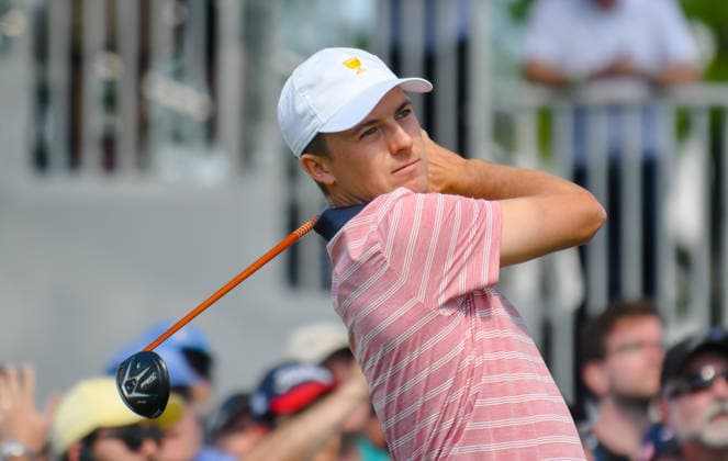Friday September 29, 2017: Jordan Spieth of the United States watches his tee shot on the 2nd hole during the second round of the Presidents Cup at Liberty National Golf Course in Jersey City, New Jersey. Gregory Vasil CSM Copyright: xGregoryxVasilx