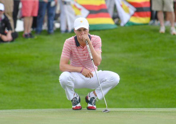 Friday September 29, 2017: Justin Thomas of the United States looks over a putt on the 3rd hole during the second round of the Presidents Cup at Liberty National Golf Course in Jersey City, New Jersey. Gregory Vasil CSM Copyright: xGregoryxVasilx