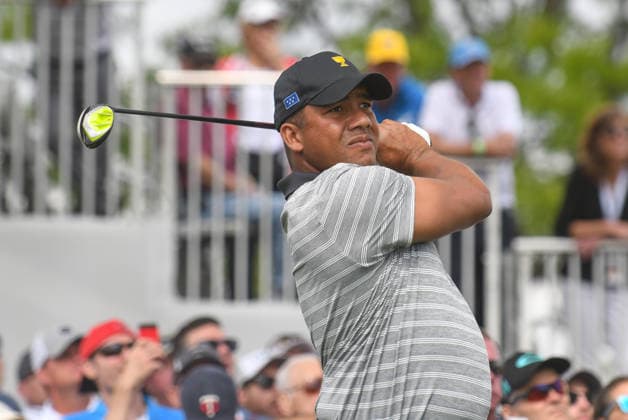 Friday September 29, 2017: Jhonattan Vegas of the International Team watches his tee shot on the 2nd hole during the second round of the Presidents Cup at Liberty National Golf Course in Jersey City, New Jersey. Gregory Vasil CSM Copyright: xGregoryxVasilx