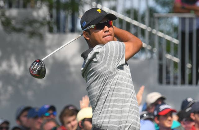 Friday September 29, 2017: Hideki Matsuyama of the International Team watches his tee shot on the 2nd hole during the second round of the Presidents Cup at Liberty National Golf Course in Jersey City, New Jersey. Gregory Vasil CSM Copyright: xGregoryxVasilx