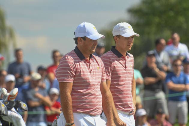 Friday September 29, 2017: Jordan Spieth and Patrick Reed of the United States stand on the green of the 3rd hole during the second round of the Presidents Cup at Liberty National Golf Course in Jersey City, New Jersey. Gregory Vasil CSM Copyright: xGregoryxVasilx