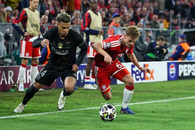 Zweikampf Desire Doue (Paris St. Germain, 14) mit Joshua Kimmich (FC Bayern Muenchen, 06), GER, FC Bayern Muenchen vs. Paris St. Germain, Fussball, UEFA Champions League, Halbfinale, Rueckspiel, Saison 2025 2026, 06.05.2026, GER, FC Bayern Muenchen vs. Paris St. Germain, Fussball, UEFA Champions League, Halbfinale, Rueckspiel, Saison 2025 2026, 06.05.2026 Muenchen Copyright: xEibner-Pressefoto JennixMaulx EP_JML