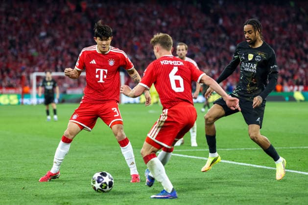 Minjae Kim (FC Bayern Muenchen, 03) mit Joshua Kimmich (FC Bayern Muenchen, 06) und Bradley Barcola (Paris St. Germain, 29), GER, FC Bayern Muenchen vs. Paris St. Germain, Fussball, UEFA Champions League, Halbfinale, Rueckspiel, Saison 2025 2026, 06.05.2026, GER, FC Bayern Muenchen vs. Paris St. Germain, Fussball, UEFA Champions League, Halbfinale, Rueckspiel, Saison 2025 2026, 06.05.2026 Muenchen Copyright: xEibner-Pressefoto JennixMaulx EP_JML