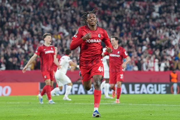 Johan Manzambi (SC Freiburg, 44) Torjubel, Emotionen, Torschuss, Abschluss, Torerfolg, Tor, Treffer , Deutschland, Fussball, UEFA Europa League, Halbfinale, Rückspiel, 2025 2026, SC Freiburg vs. SC Braga, 07.05.2026, Europa-Park Stadion, Freiburg Freiburg Europa-Park Stadion Baden-Württemberg Deutschland Copyright: xArnexAmbergx