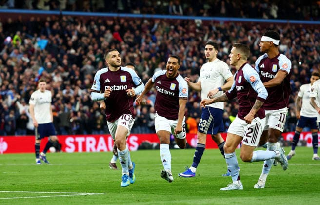 Emi Buendia of Aston Villa celebrates scoring a goal after making the score 2-0. Aston Villa v Nottingham Forest, UEFA Europa League, Semi Final, Second Leg, Football, Villa Park, Birmingham, UK - 07 May 2026Birmingham Villa Park United Kingdom EDITORIAL USE ONLY No use with unauthorised audio, video, data, fixture lists, club league logos or live services. Online in-match use limited to 120 images, no video emulation. No use in betting, games or single club league player publications. Copyright: xJamesxMarsh Shutterstockx 16861510cg