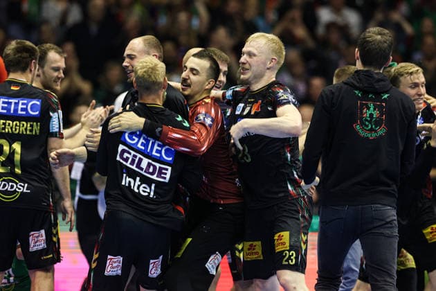 v.r. Magnus Saugstrup (SC Magdeburg,23), Torwart Matej Mandic (SC Magdeburg,12), Matthias Musche (SC Magdeburg,6), Tim Zechel (SC Magdeburg,9) - Viertelfinale Handball Machineseeker Champions League Saison 2025-2026 SC Magdeburg vs. SC Pick Szeged in der GETEC Arena in Magdeburg - Aktion,Handball,Deutschland,07.05.2026