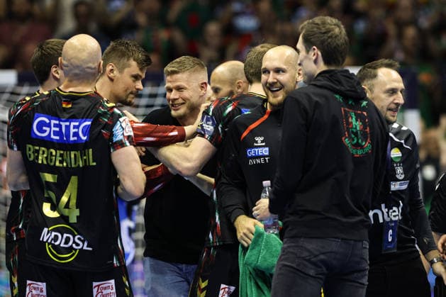 v.l. Oscar Bergendahl (SC Magdeburg,54), Torwart Sergey Hernandez Ferrer (SC Magdeburg,1), Sebastian Barthold (SC Magdeburg,25), Christian O Sullivan (SC Magdeburg,24), Torwart Nikola Portner (SC Magdeburg,80) - Viertelfinale Handball Machineseeker Champions League Saison 2025-2026 SC Magdeburg vs. SC Pick Szeged in der GETEC Arena in Magdeburg - Aktion,Handball,Deutschland,07.05.2026