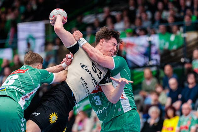 v.l. Karolis Antanavicius (GWD Minden, 08), Soeren Steinhaus (Bergischer HC, 53), Daniel Astrup Pedersen (GWD Minden, 03) GER, GWD Minden vs. Bergischer HC, Handball, 1. Bundesliga, 31. Spieltag, Spielzeit 2025 2026, 08.05.2026 GER, GWD Minden vs. Bergischer HC, Handball, 1. Bundesliga, 31. Spieltag, Spielzeit 2025 2026, 08.05.2026 Minden Copyright: xEibner-Pressefoto JanxRollingerx EP_JSK