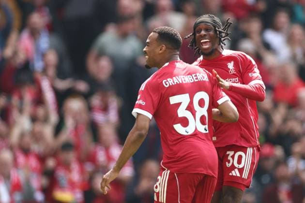 Ryan Gravenberch of Liverpool celebrates a goal 1-0. Liverpool v Chelsea, Premier League, Football, Anfield, Liverpool , UK - 09 May 2026Liverpool Anfield United Kingdom EDITORIAL USE ONLY No use with unauthorised audio, video, data, fixture lists, club league logos or live services. Online in-match use limited to 120 images, no video emulation. No use in betting, games or single club league player publications. Copyright: xRyanxBrowne Shutterstockx 16861683ak