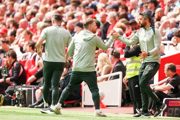 Calum McFarlane interim head coach of Chelsea reacts after the equalising goal. Liverpool v Chelsea, Premier League, Football, Anfield, Liverpool , UK - 09 May 2026Liverpool Anfield United Kingdom EDITORIAL USE ONLY No use with unauthorised audio, video, data, fixture lists, club league logos or live services. Online in-match use limited to 120 images, no video emulation. No use in betting, games or single club league player publications. Copyright: xRyanxBrowne Shutterstockx 16861683bc