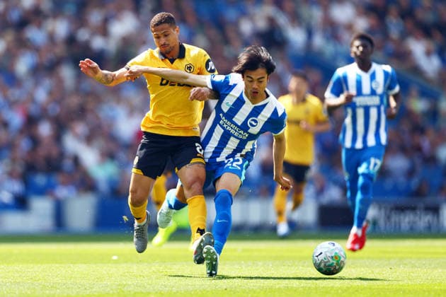 Joao Gomes of Wolverhampton Wanderers and Kaoru Mitoma of Brighton and Hove Albion. Brighton and Hove Albion v Wolverhampton Wanderers, Premier League, Football, American Express Community Stadium, Brighton , UK - 09 May 2026Brighton American Express Community Stadi United Kingdom EDITORIAL USE ONLY No use with unauthorised audio, video, data, fixture lists, club league logos or live services. Online in-match use limited to 120 images, no video emulation. No use in betting, games or single club league player publications. Copyright: xJamesxMarsh Shutterstockx 16861685ag