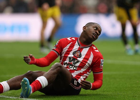Sunderland, England, 9th May 2026. Noah Sadiki of Sunderland reacts after a missed chance during the Sunderland vs Manchester United, ManU Premier League match at the Stadium Of Light, Sunderland. Picture credit should read: Nigel Roddis Sportimage EDITORIAL USE ONLY. No use with unauthorised audio, video, data, fixture lists, club league logos or live services. Online in-match use limited to 120 images, no video emulation. No use in betting, games or single club league player publications. SPI_012_NR_SUND_MANC SPI-4790-0012