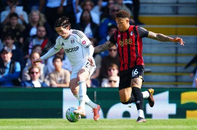 Harry Wilson of Fulham battles with Marcus Tavernier of Bournemouth Fulham v AFC Bournemouth, Premier League, Football, Craven Cottage, London , UK - 09 May 2026London Craven Cottage United Kingdom EDITORIAL USE ONLY No use with unauthorised audio, video, data, fixture lists, club league logos or live services. Online in-match use limited to 120 images, no video emulation. No use in betting, games or single club league player publications. Copyright: xJavierxGarcia Shutterstockx 16861686av
