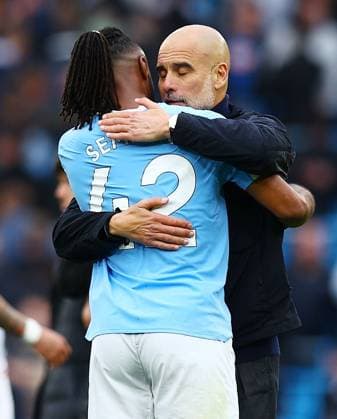 Manchester City manager Pep Guardiola with Antoine Semenyo at the end of the match Manchester City v Brentford, Premier League, Football, Etihad Stadium, Manchester , UK - 09 May 2026Manchester Etihad Stadium United Kingdom EDITORIAL USE ONLY No use with unauthorised audio, video, data, fixture lists, club league logos or live services. Online in-match use limited to 120 images, no video emulation. No use in betting, games or single club league player publications. Copyright: xMattxWest Shutterstockx 16861722ap