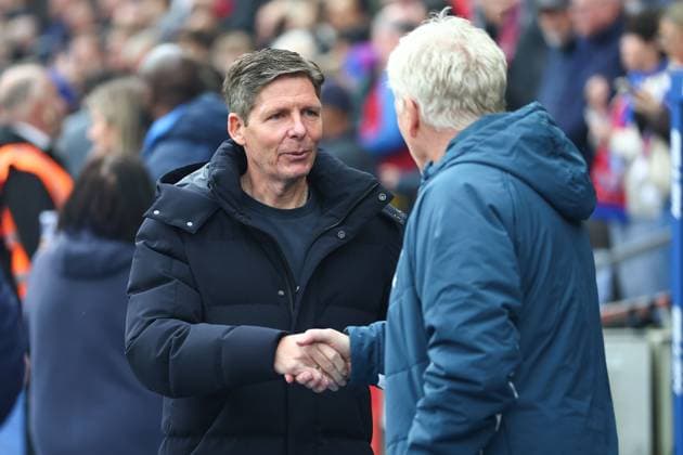 Oliver Glasner manager of Crystal Palace shake hands with David Moyes manager of Everton ahead of kick off Crystal Palace v Everton, Premier League, Football, Selhurst Park, London , UK - 10 May 2026London Selhurst Park United Kingdom EDITORIAL USE ONLY No use with unauthorised audio, video, data, fixture lists, club league logos or live services. Online in-match use limited to 120 images, no video emulation. No use in betting, games or single club league player publications. Copyright: xSimonxDael Shutterstockx 16868420ab