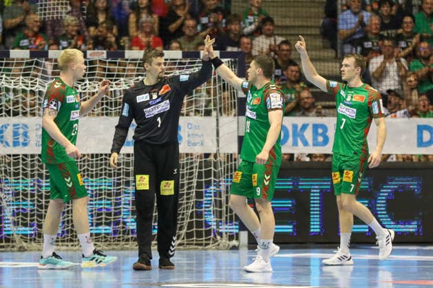 10.05.2026, xgox, Handball - Daikin HBL SC Magdeburg - Handball Verein Hamburg emspor, v.l. Magnus Saugstrup (Magdeburg, 23), Sergey Hernandez Ferrer (Magdeburg, 1), Elvar Oern Jonsson (Magdeburg, 19), Felix Claar (Magdeburg, 7) Jubel, Torjubel, jubelt ueber das Tor, celebrate the goal, celebration Magdeburg