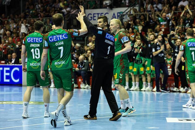 v.r. Magnus Saugstrup (SC Magdeburg,23), Torwart Sergey Hernandez Ferrer (SC Magdeburg,1), Felix Claar (SC Magdeburg,7), Elvar Örn Jonsson (SC Magdeburg,19) - Handball Bundesliga Saison 2025-2026 SC Magdeburg vs. HSV Hamburg in der GETEC Arena in Magdeburg - Aktion,Handball,Deutschland,10.05.2026
