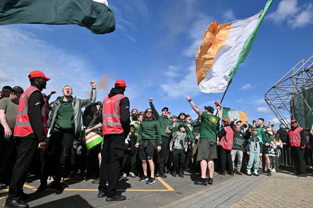 Celtic fans react outside Celtic Park Celtic v Heart of Midlothian, William Hill Scottish Premiership, Football, Celtic Park, Glasgow, Scotland, UK - 16 May 2026Glasgow Celtic Park United Kingdom EDITORIAL USE ONLY No use with unauthorised audio, video, data, fixture lists, club league logos or live services. Online in-match use limited to 120 images, no video emulation. No use in betting, games or single club league player publications. Copyright: xMarkxRunnacles Shutterstockx 16876830s
