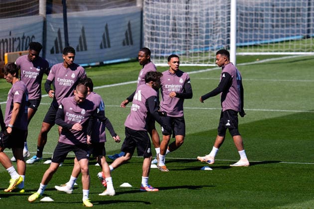 May 16, 2026, Valdebebas, Madrid, Spain: Kylian Mbappe, Trent Alexander-Arnold, David Alaba, Jude Bellingham and Aurelien Tchouameni during the training day of Real Madrid ahead the Spanish League, LaLiga EA Sports, football match against Sevilla FC at Ciudad Deportiva Real Madrid on May 16, 2026, in Valdebebas, Madrid, Spain. Real Madrid Training Session - Laliga Ea Sports - ZUMAa181 20260516_zaa_a181_042 Copyright: xDennisxAgyemanx