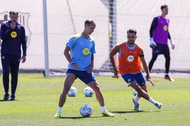 May 16, 2026, Sant Joan Despi, Barcelona, SPAIN: Dani Olmo and Eric Garcia during the training day of FC Barcelona, Barca ahead the Spanish League, Laliga EA Sports, football match against Real Betis at Ciudad Esportiva Joan Gamper on May 16, 2026 in Sant Joan Despi, Barcelona, Spain. FC Barcelona Training And press conference, PK, Pressekonferenz - LaLiga EA Sports - ZUMAa181 20260516_zaa_a181_109 Copyright: xJavierxBorregox