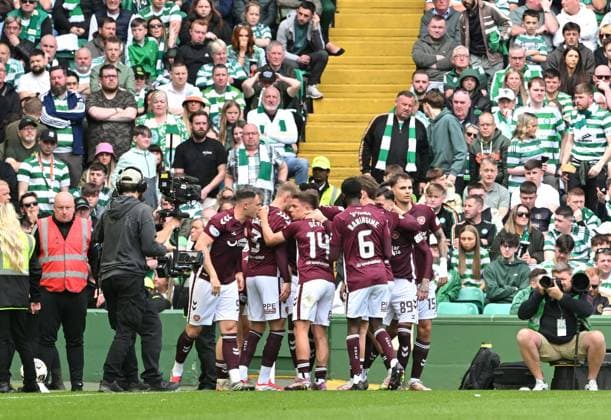 Lawrence Shankland of Hearts scores the opening goal Celtic v Heart of Midlothian, William Hill Scottish Premiership, Football, Celtic Park, Glasgow, Scotland, UK - 16 May 2026Glasgow Celtic Park United Kingdom EDITORIAL USE ONLY No use with unauthorised audio, video, data, fixture lists, club league logos or live services. Online in-match use limited to 120 images, no video emulation. No use in betting, games or single club league player publications. Copyright: xMarkxRunnacles Shutterstockx 16876830ci