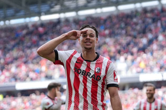 Derry Scherhant (SC Freiburg, 07) Torjubel, Emotionen, Torschuss, Abschluss, Torerfolg, Tor, Treffer , Deutschland, Fussball, 1. Bundesliga, 34.Spieltag, 2025 2026, SC Freiburg vs. RB Leipzig, 16.05.2026, Europa-Park Stadion, Freiburg Freiburg Europa-Park Stadion Baden-Württemberg Deutschland Copyright: xArnexAmbergx