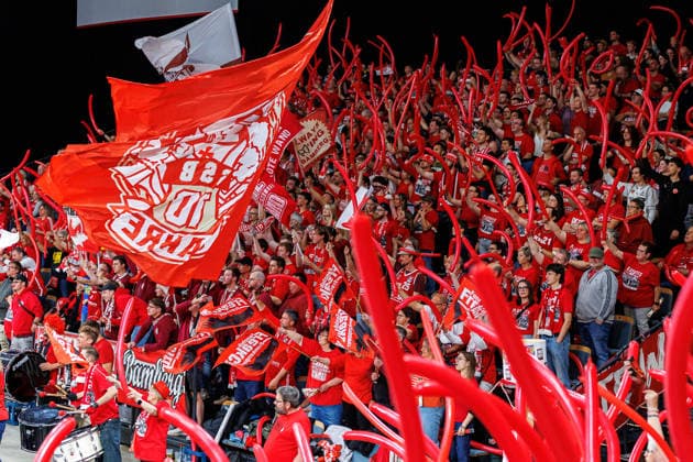 Sektion Suedblock, Fan, Fans, Zuschauer, jubelt, Jubel, positive Emotionen, positive Emotion, Symbolbild, Symbolfoto, Themenfoto, Themenbild, BMA365 Bamberg Baskets vs. ratiopharm Ulm, Basketball, easyCredit BBL, Playoff Viertelfinale, Spiel 1, 16.05.2026 BMA365 Bamberg Baskets vs. ratiopharm Ulm, Basketball, easyCredit BBL, Playoff Viertelfinale, Spiel 1, 16.05.2026 Bamberg Copyright: xEibner-Pressefoto G.xSantemizx EP_EER