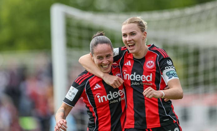 GER, Frankfurt, Eintracht Frankfurt vs Union Berlin, Google Pixel Bundesliga, Fussball, DFB, Spielzeit 2025 2026, Stadion am Brentanobad, 26. Spieltag im Bild: Geraldine Reuteler (Eintracht Frankfurt Frauen 14), Laura Freigang (Eintracht Frankfurt Frauen 10), Tor, Jubel und Freude, Emotionen, 2:2 DFB DFL REGULATIONS PROHIBIT ANY USE OF PHOTOGRAPHS AS IMAGE SEQUENCES AND OR QUASI-VIDEO, 17.05.2026 Copyright: HMBxMedia HendrikxHamelau