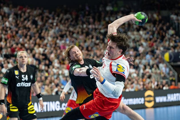 Mens Handball international match, Länderspiel, Nationalmannschaft Germany - Denmark. May 17, 2026 Justus Fischer (Germany Deutschland, 54), Tom Kiesler (Germany Deutschland, 30), Lasse Moller (Denmark, 64), ; Mens Handball International Match, Germany - Denmark. May 17, 2026 Copyright: xBEAUTIFULxSPORTS Erlhofx