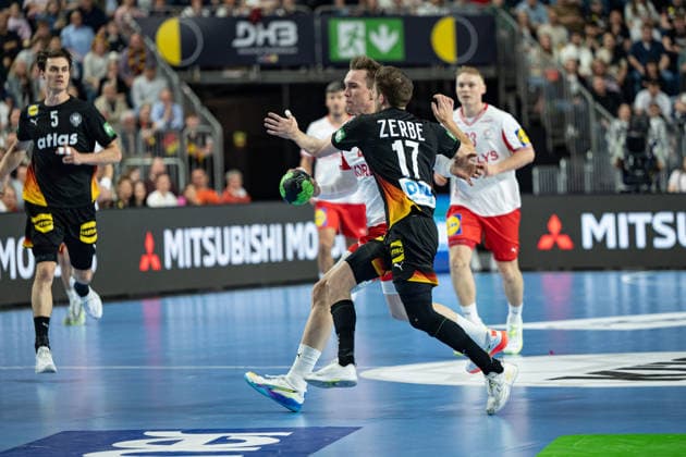 Mens Handball international match, Länderspiel, Nationalmannschaft Germany - Denmark. May 17, 2026 Miro Schluroff (Germany Deutschland, 5), Lasse Andersson (Denmark, 28), Lukas Zerbe (Germany Deutschland, 17), Emil Bergholt (Denmark, 33),; Mens Handball International Match, Germany - Denmark. May 17, 2026 Copyright: xBEAUTIFULxSPORTS Erlhofx