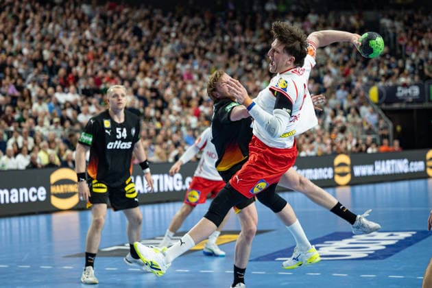 Mens Handball international match, Länderspiel, Nationalmannschaft Germany - Denmark. May 17, 2026 Justus Fischer (Germany Deutschland, 54), Tom Kiesler (Germany Deutschland, 30), Lasse Moller (Denmark, 64), ; Mens Handball International Match, Germany - Denmark. May 17, 2026 Copyright: xBEAUTIFULxSPORTS Erlhofx