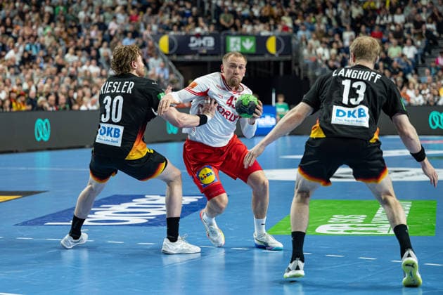 Mens Handball international match, Länderspiel, Nationalmannschaft Germany - Denmark. May 17, 2026 Tom Kiesler (Germany Deutschland, 30), Simon Pytlick (Denmark, 43), Matthes Langhoff (Germany Deutschland, 13), ; Mens Handball International Match, Germany - Denmark. May 17, 2026 Copyright: xBEAUTIFULxSPORTS Erlhofx