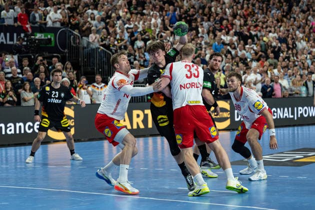 Mens Handball international match, Länderspiel, Nationalmannschaft Germany - Denmark. May 17, 2026 Nils Lichtlein (Germany Deutschland, 3), Emil Bergholt (Denmark, 33), Steven Plucnar (Denmark, 69), ; Mens Handball International Match, Germany - Denmark. May 17, 2026 Copyright: xBEAUTIFULxSPORTS Erlhofx