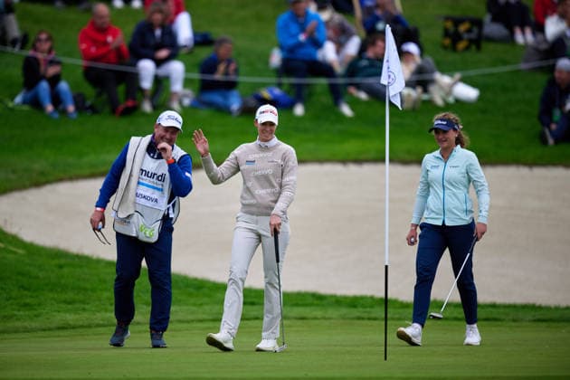 GER, Winsen (Luhe), Amundi German Masters, Ladies European Tour (LET), (14.05.-17.05.2026), Green Eagle Golf Courses, Round 4, Alexandra Foersterling (Germany), Sara Kouskova (Czech Republic), am Loch 19, jubeln ueber den sensationellen Put von Alexandra Foersterling (Germany), Runde 4, Samstag 17.05.2026, GER, Winsen (Luhe), Amundi German Masters, Ladies European Tour (LET), (14.05.-17.05.2026), Green Eagle Golf Courses, Copyright: xClaudiusxRauchx