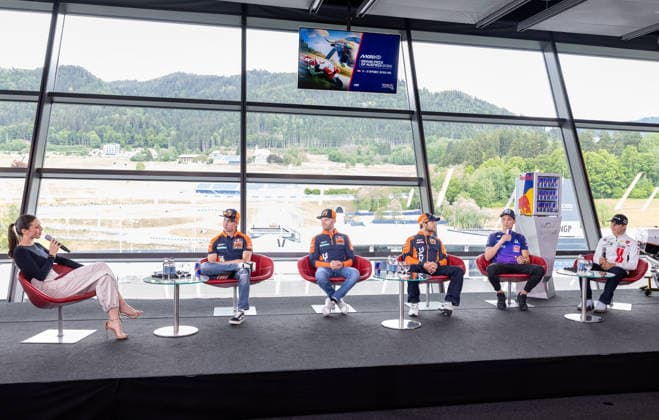 MOTORSPORTS - MotoGP, GP of Austria 2026 SPIELBERG,AUSTRIA,19.MAY.26 - MOTORSPORTS - MotoGP, Grand Prix of Austria, Red Bull Ring, preview, media day. Image shows presenter Alina Marzi, Pedro Acosta (ESP Red Bull KTM Factory Racing), Brad Binder (RSA Red Bull KTM Factory Racing), Enea Bastianini (ITA Red Bull KTM Tech3), Toprak Razgatlioglu (TUR Prima Pramac Yamaha MotoGP) and Leo Rammerstorfer (AUT SIC58 Squadra Corse). GEPAxpictures xHaraldxSteiner