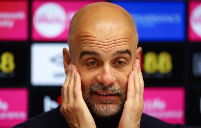 Bournemouth, England, 19th May 2026. Pep Guardiola, Manager of Manchester City talks in a press conference, PK, Pressekonferenz after the AFC Bournemouth vs Manchester City Premier League match at the Vitality Stadium, Bournemouth. Picture credit should read: Paul Terry Sportimage EDITORIAL USE ONLY. No use with unauthorised audio, video, data, fixture lists, club league logos or live services. Online in-match use limited to 120 images, no video emulation. No use in betting, games or single club league player publications. SPI_060_PT_Bournemouth_Man_City SPI-4809-0060