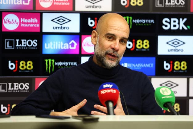 Bournemouth, England, 19th May 2026. Pep Guardiola, Manager of Manchester City talks in a press conference, PK, Pressekonferenz after the AFC Bournemouth vs Manchester City Premier League match at the Vitality Stadium, Bournemouth. Picture credit should read: Paul Terry Sportimage EDITORIAL USE ONLY. No use with unauthorised audio, video, data, fixture lists, club league logos or live services. Online in-match use limited to 120 images, no video emulation. No use in betting, games or single club league player publications. SPI_062_PT_Bournemouth_Man_City SPI-4809-0062