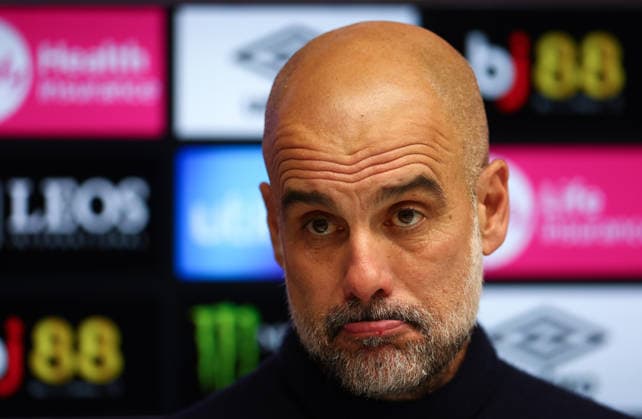 Bournemouth, England, 19th May 2026. Pep Guardiola, Manager of Manchester City talks in a press conference, PK, Pressekonferenz after the AFC Bournemouth vs Manchester City Premier League match at the Vitality Stadium, Bournemouth. Picture credit should read: Paul Terry Sportimage EDITORIAL USE ONLY. No use with unauthorised audio, video, data, fixture lists, club league logos or live services. Online in-match use limited to 120 images, no video emulation. No use in betting, games or single club league player publications. SPI_064_PT_Bournemouth_Man_City SPI-4809-0064