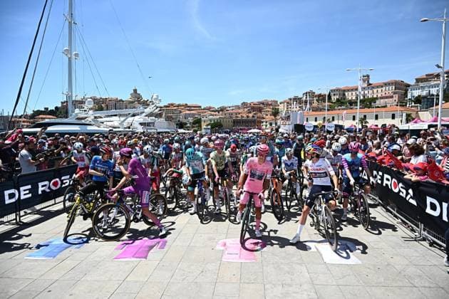 May 21, 2026, Imperia, ITALY: Danish rider Jonas Vingegaard Hansen .of Team Visma Lease A Bike wearing the best climber s blue jersey, french Paul Magnier of Soudal Quick-Step Team wearing the points classification leader s cyclamen jersey, portuguese rider Afonso Eulalio of Bahrain Victorious wearing the overall leader s pink jersey, italian rider Giulio Pellizzari of Red Bull - Bora-Hansgrohe team wearing the best young rider s white jersey, waiting to the start for the 12th stage of the 109 Giro d Italia 2026, over 175 km from Imperia to Novi Ligure, Italy, 21 May 2026. ANSA LUCA ZENNARO. Giro D Italia Cycling Tour - Stage 12 - ZUMAa110 20260521_zaf_a110_002 Copyright: xLucaxZennarox