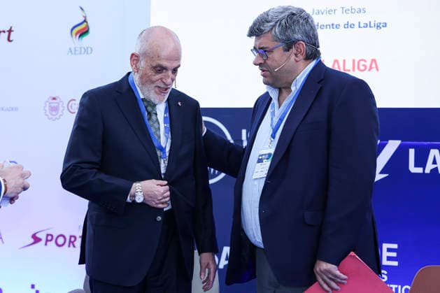 May 21, 2026, Madrid, Madrid, Spain: Javier Tebas, President of LaLiga and Juan Fernandez Tamames, lawyer and secretary of the Criminal Compliance Committee at Telefonica Spain, participates in a discussion on â€oeTechnology, Piracy, and Artificial Intelligence in Sports†during the ISDE Sports Convention at the Official College of Architects of Madrid on May 21, 2026, in Madrid, Spain. ISDE Sports Convention - â€oeTechnology, Piracy, And Artificial Intelligence In Sports†- ZUMAa181 20260521_zaa_a181_028 Copyright: xIrinaxR.xHipolitox