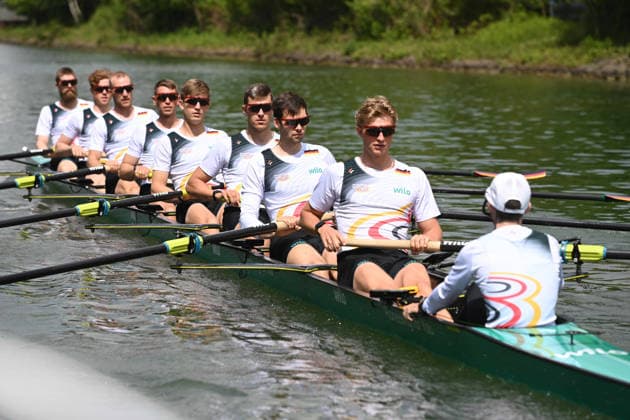 Der Deutschlandachter mit Schlagmann Soenke KRUSE (Sönke) Julius CHRIST, Tassilo von MUELLER (Von Müller), Tobias STRANGEMANN Olaf ROGGENSACK, Mattes SCHOENHERR (Schönherr), Paul KLAPPERICH, Theis HAGEMEISTER, Steuermann Jonas WIESEN, beim Training auf dem Dortmund-Ems-Kanal, Rudern, Praesentation Deutschland-Achter der Saison 2026, am 21.05.2026 in Dortmund Deutschland. Â