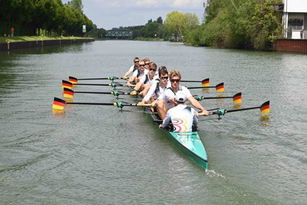 Der Deutschlandachter mit Schlagmann Soenke KRUSE (Sönke) Julius CHRIST, Tassilo von MUELLER (Von Müller), Tobias STRANGEMANN Olaf ROGGENSACK, Mattes SCHOENHERR (Schönherr), Paul KLAPPERICH, Theis HAGEMEISTER, Steuermann Jonas WIESEN, beim Training auf dem Dortmund-Ems-Kanal, Rudern, Praesentation Deutschland-Achter der Saison 2026, am 21.05.2026 in Dortmund Deutschland. Â