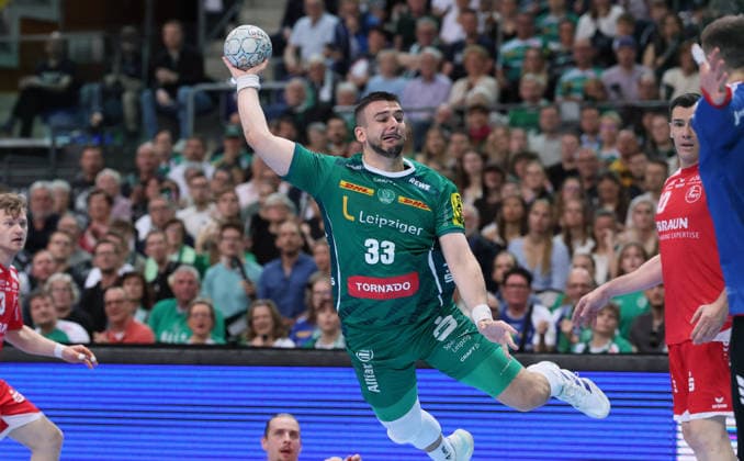 Leipzig, 21.05.2026, Arena Leipzig, Handball, Bundesliga, 32.Spieltag , SC DHfK Leipzig vs. MT Melsungen , Im Bild; Luka Rogan (33, Leipzig). , Nur zur redaktionellen Nutzung. Only editorial use. , DHB HBL regulations prohibit any use of photographs as image sequences and or quasi-video. ,