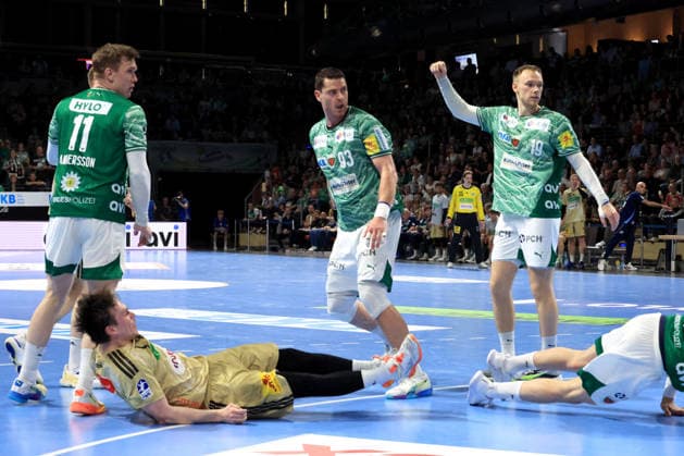 DEU, DHB, 1.HBL, Fuechse Berlin vs. Hannover Burgdorf, 21.05.2026, Max-Schmeling-Halle, Berlin, DEU, DHB, 1.HBL, Fuechse Berlin vs. Hannover Burgdorf, im Bild Lasse Andersson (Fuechse Berlin 11), Mijajlo Marsenic (Fuechse Berlin 93), Mathias Gidsel (Fuechse Berlin 19), Leif Tissier (Hannover-Burgdorf 7)