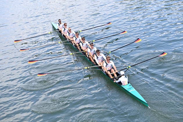 Der Deutschlandachter mit Schlagmann Soenke KRUSE (Sönke) Julius CHRIST, Tassilo von MUELLER (Von Müller), Tobias STRANGEMANN Olaf ROGGENSACK, Mattes SCHOENHERR (Schönherr), Paul KLAPPERICH, Theis HAGEMEISTER, Steuermann Jonas WIESEN, beim Training auf dem Dortmund-Ems-Kanal, Rudern, Praesentation Deutschland-Achter der Saison 2026, am 21.05.2026 in Dortmund Deutschland. Â