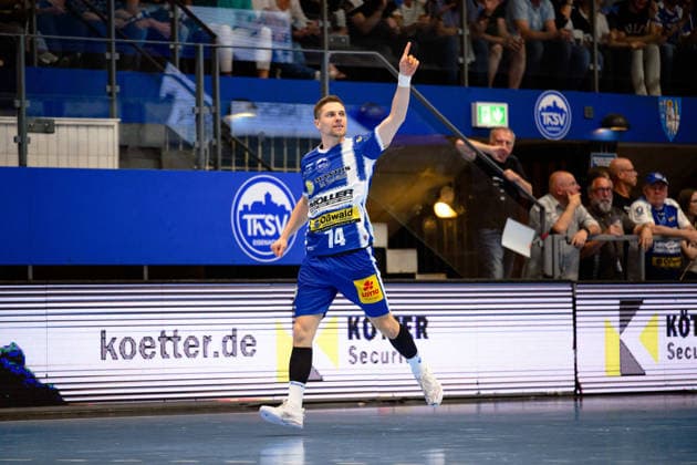 Vincent Buechner (ThSV Eisenach, 74) Jubel zum Treffer. GER, ThSV Eisenach gegen TBV Lemgo Lippe, 1. Daikin Handballbundesliga, Handball, 32.Spieltag, Saison 2025 2026, 22.05.2026 GER, ThSV Eisenach gegen TBV Lemgo Lippe, 1. Daikin Handballbundesliga, Handball, 32.Spieltag, Saison 2025 2026, 22.05.2026 Eisenach Copyright: xEibner-Pressefoto MartinxHerbstx EP_MHT