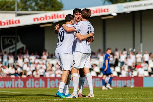 (L-R) Berkan Taz (SC Verl, 10), Marco Woerner (SC Verl, 11), Fabian Wessig (SC Verl, 18) (L-R) jubeln ueber das Tor zum 3:0 GER, SC Verl vs. SF Lotte, Fussball, Westfalenpokal, Finale, Spielzeit 2025 2026, 23.05.2026 DFL Regulations prohibit any use of photographers as image sequences and or quasi-video. GER, SC Verl vs. SF Lotte, Fussball, Westfalenpokal, Finale, Spielzeit 2025 2026, 23.05.2026 Verl Copyright: xEibner-Pressefoto JanxRollingerx EP_JSK